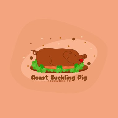 18 Aralık 'ta kutlamak için Ulusal Kızarmış Domuz Günü. Ağzında elma olan, tahta bir tabakta sebzelerle süslenmiş, emzirilmiş bir domuz. Gıda etkinliği afişi.