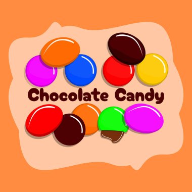 Ulusal Çikolata Şeker Günü 28 Aralık 'ta kutlanacak. Turuncu arka planda renkli yuvarlak ve oval çikolatalı şekerler. Çikolata etkinlik afişi.