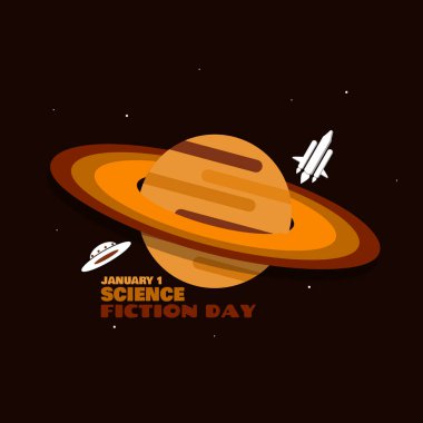 National Science Fiction Day to celebrate on January 2nd. Illustration of the planet Saturn with a spaceship and a UFO clipart