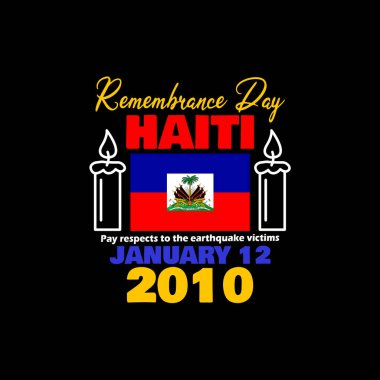 12 Ocak 'ta Haiti' de deprem felaketinin anma günü. Siyah zemin üzerinde yanan bir mum olan Haiti bayrağı.