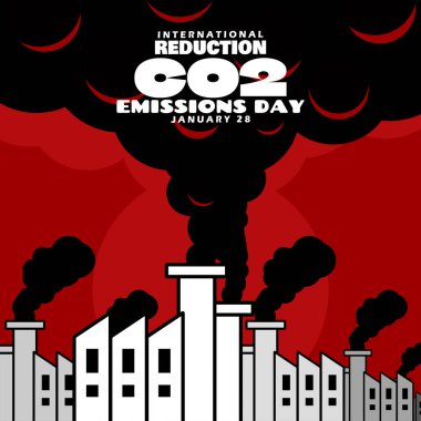 Uluslararası Karbondioksit Emisyonunu Azaltma Günü 28 Ocak 'ta kutlanacak. Bir sürü siyah duman yayan fabrikaların çizimi.