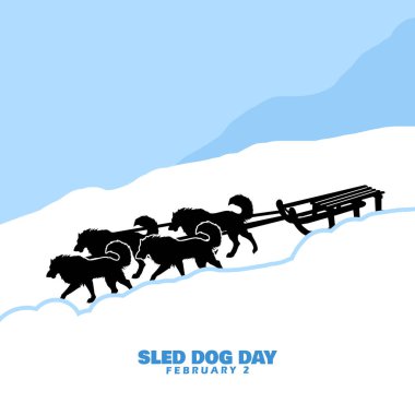 Sled Dog Day to celebrate on February 2nd. A pack of dogs is pulling a sled in the snowy mountains. clipart