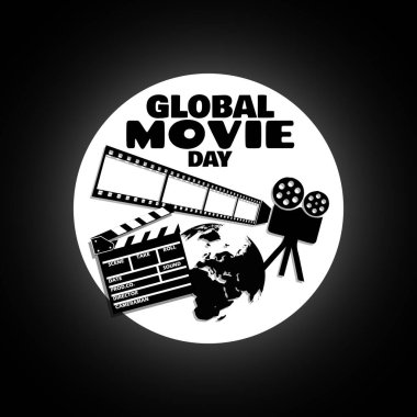 Global Movie Day to celebrate on second Saturday in February. Clapper board with camera and film tape in circle frame on black background.