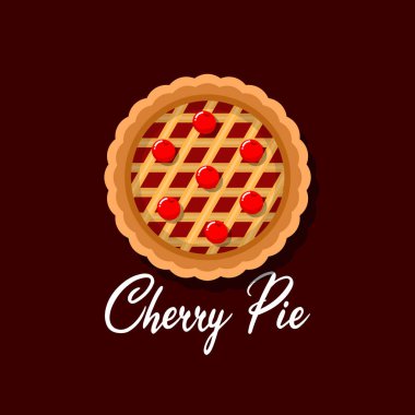 Ulusal Kirazlı Turta Günü 20 Şubat 'ta kutlanacak. Koyu kahverengi arka planda kirazlı lezzetli vişneli pasta. Gıda etkinliği afişi.