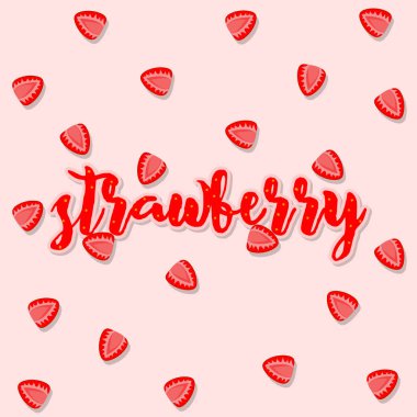 Ulusal Çilek Günü 27 Şubat 'ta kutlanacak. Pembe arka planda çilek meyvesi dilimleri. Meyve etkinliği afişi.