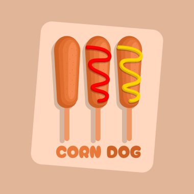 National Corn Dog Day to celebrate on March 15th. Three corn dogs topped with mustard, tomato sauce and original sauce. Food event banner. clipart