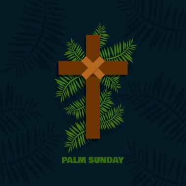 Nisanda kutlamak için Palm Sunday. Koyu turkuaz arka planda palmiye yaprakları olan ahşap bir haç tasviri. Din olay pankartı.