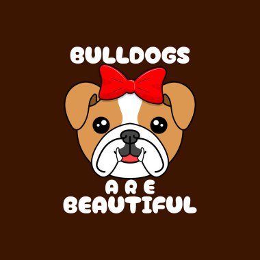 Ulusal Bulldoglar 21 Nisan 'da kutlamak için güzel bir gündür. Koyu kahverengi arka planda kırmızı kurdele takan sevimli bir bulldog suratı. Evcil hayvan olay afişi.