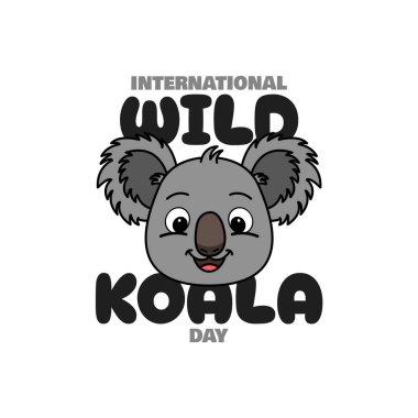 Uluslararası Vahşi Koala Günü 3 Mayıs 'ta kutlanacak. Beyaz arka planda cesur metni olan bir koala kafası tasviri. Hayvani olay afişi.