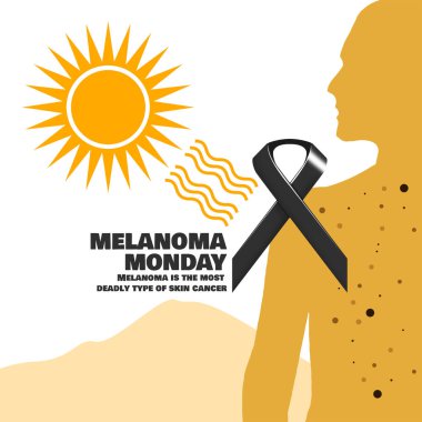 Melanoma Pazartesi, Mayıs 'ın ilk pazartesi günü kutlanacak. Siyahi kampanya kurdelesiyle ultraviyole güneş ışığına maruz kalan deri kanserli birinin resmi. Sağlık etkinliği afişi.