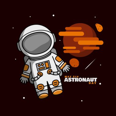 Ulusal Astronot Günü 5 Mayıs 'ta kutlanacak. Mars gezegeni ve uyduları Phobos ve Deimos ile birlikte uzayda yüzen bir astronot tasviri. Bilim olayı pankartı.