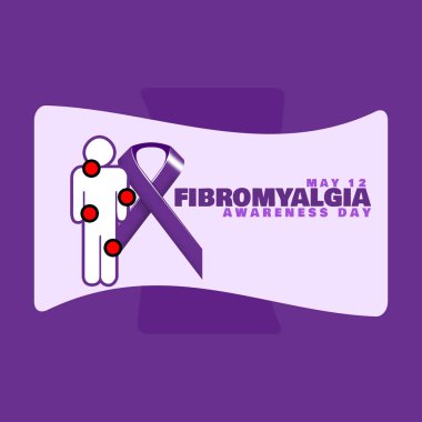 Fibromiyalji Farkındalık Günü 12 Mayıs 'ta kutlanacak. Mor arka planda kırmızı noktalı bir kişi ikonu olan mor kampanya kurdelesi. Sağlık etkinliği afişi.