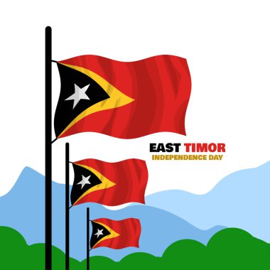Doğu Timor Bağımsızlık Günü 20 Mayıs 'ta kutlanacak. Doğu Timor bayrağı dağ manzaralı bir parkta dalgalanıyor. Bağımsızlık Gününüz kutlu olsun.