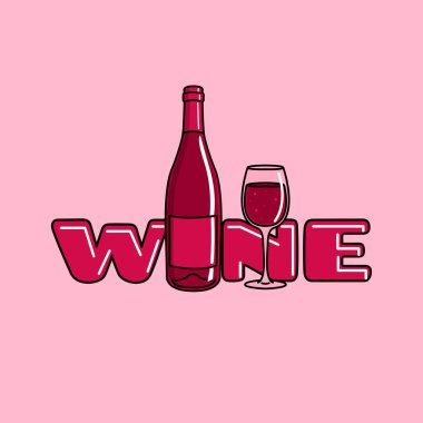 Ulusal Şarap Günü 25 Mayıs 'ta kutlanacak. Bir şişe şarap ve pembe arka planda kalın bir yazı. Etkinlik afişini iç.