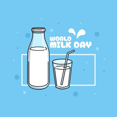 Dünya Süt Günü 1 Haziran 'da kutlanacak. Gök mavisi arka planda bir şişe, bir bardak süt ve kalın bir metin tasviri. Etkinlik afişini iç.