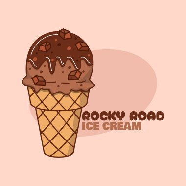 Ulusal Rocky Yolu Günü 2 Haziran 'da kutlanacak. Rock Road Dondurması adında, bej arkaplanlı koyu renkli bir dondurma külahı..