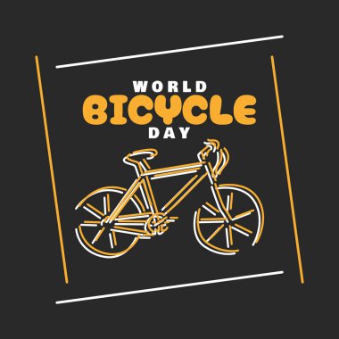 Dünya Bisiklet Günü 3 Haziran 'da kutlanacak. Siyah arkaplanda kalın metni olan bir bisikletin çizgi çizimi.