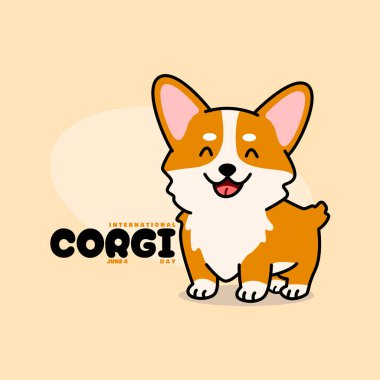 Uluslararası Corgi Günü 4 Haziran 'da kutlanır. Bej arka planda gülümseyen sevimli bir Corgi köpeği. Köpek etkinlik afişi.