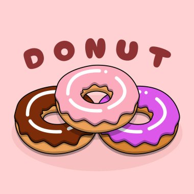 Haziran 'ın ilk cuması için Ulusal Çörek Günü. Pembe arka planda farklı malzemeli üç çörek. Gıda etkinliği afişi.