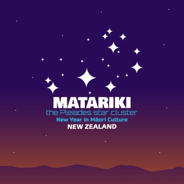 Matariki günü Haziran 'da kutlanacak. Pleiades yıldız kümesinin dağların tepesindeki cesur metni.