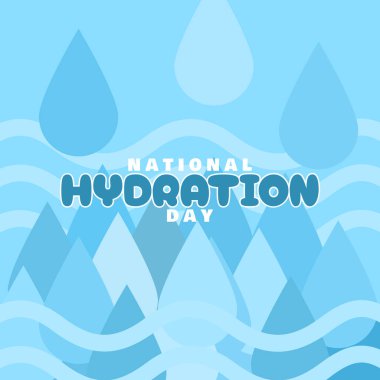 Ulusal Hidrasyon Günü 23 Haziran 'da kutlanacak. Mavi arkaplanda su damlacıkları ve dalgaların tasviri.