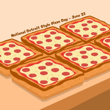 23 Haziran 'da kutlamak için National Detroit Style Pizza Günü. Masada kare şeklinde pizza var. Gıda etkinliği afişi.