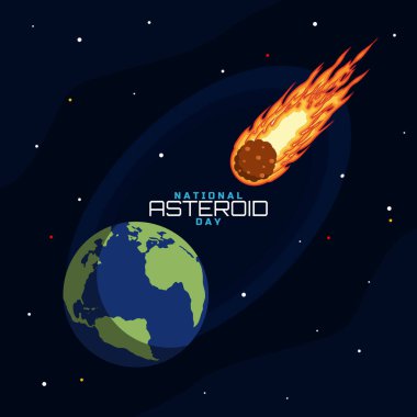 Uluslararası Asteroid Günü 30 Haziran 'da kutlanacak. Dünya 'ya doğru gelen ateşli bir asteroidin tasviri. Bilim olayı pankartı.