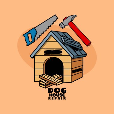 Köpek Evi Tamir Ayı 1 Temmuz 'da kutlanacak. Bej arka planda testereyle ve çekiçle tamir edilen kırık bir köpek evi tasviri.
