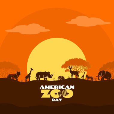 1 Temmuz 'da kutlanacak Amerikan Hayvanat Bahçesi Günü. Gün batımında cesur bir yazı ve Amerikan bayrak ikonu ile vahşi hayvanların tasviri. Hayvani olay afişi.