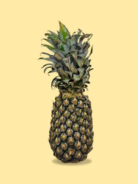 Parlak sarı arka planda dimdik duran olgun ananas. Meyve etkinliği afişi. Ananas Günü, haziranın ilk cumartesisinde kutlanır.