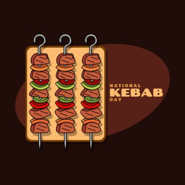 Temmuz 'un ikinci cumasında Dünya Kebap Günü' nde kutlayacağız. Koyu kahverengi arka planda ahşap tabakta servis edilen kırmızı ve yeşil biberli üç şişe kebap eti. Gıda etkinliği afişi.