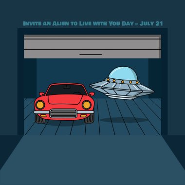 Invite an Alien to Live with You Day to celebrate on July 21st. Illustration of a garage containing a car and a UFO parked inside.