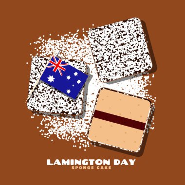 Ulusal Lamington Günü 21 Temmuz 'da kutlanacak. Çikolatayla kaplanmış ve hindistan cevizi talaşı ve kahverengi arka planda Avustralya bayrağı ile kaplı Lamington pastası. Gıda etkinliği afişi