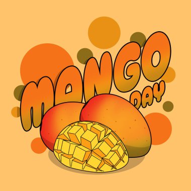 Mango Day to celebrate on July 22nd. Illustration of delicious mango fruits with bold text and colorful dots on bright yellow background. Fruit event banner.