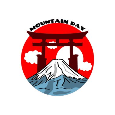 11 Ağustos 'ta kutlanacak Dağ Günü. Japon bayrağında tipik bir Japon Torii kapısı olan bir dağ tasviri.