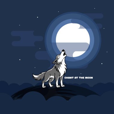 15 Ağustos 'ta kutlamak için Ay Günü' nde ilahi söyle. Geceleri dolunayda uluyan şirin bir kurt tasviri..