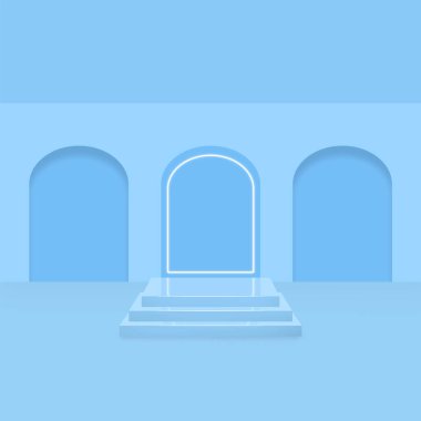 Minimalist mavi podyum kurulumu, ürün sunumları için ideal, sanal olaylar, veya merkezi, hafif parlak neon kemer çerçeveli şık arka planlar.