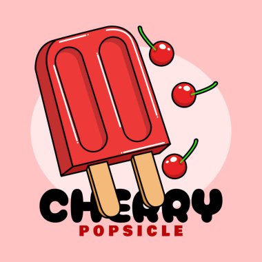 Ulusal Kirazlı Dondurma Günü 26 Ağustos 'ta kutlanacak. Pembe arka planda kiraz meyveli duble buzlu çubuk. Tatlı olay pankartı.