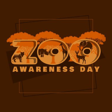 Ulusal Hayvanat Bahçesi Farkındalık Günü 31 Ağustos 'ta kutlanacak. Koyu kahverengi arka planda hayvanat bahçesi hayvanlarının siluetlerini içeren yaratıcı ve cesur bir metin. Hayvani olay afişi.