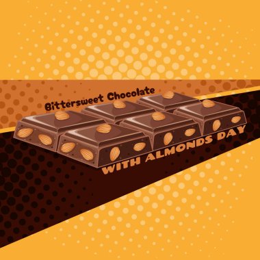 7 Kasım 'da kutlamak için Ulusal Acı Tatlı Bademli Çikolata Günü. Turuncu arkaplanlı bademli çikolata. Gıda etkinliği afişi.