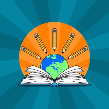 Dünyanın kalemlerle çevrili olduğu açık bir kitap. Eğitim ve öğrenme kavramı. 8 Eylül 'de Dünya Edebiyat Günü' nü kutlamak için mükemmel..