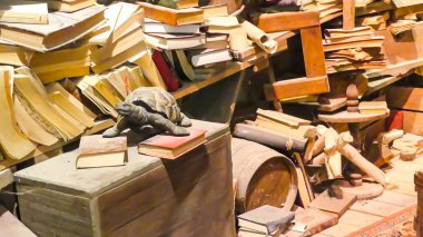 Fotoğraf d 'une reconstitution d' une bibliotheque de l 'auteur La Fontaine au Puy du Fou