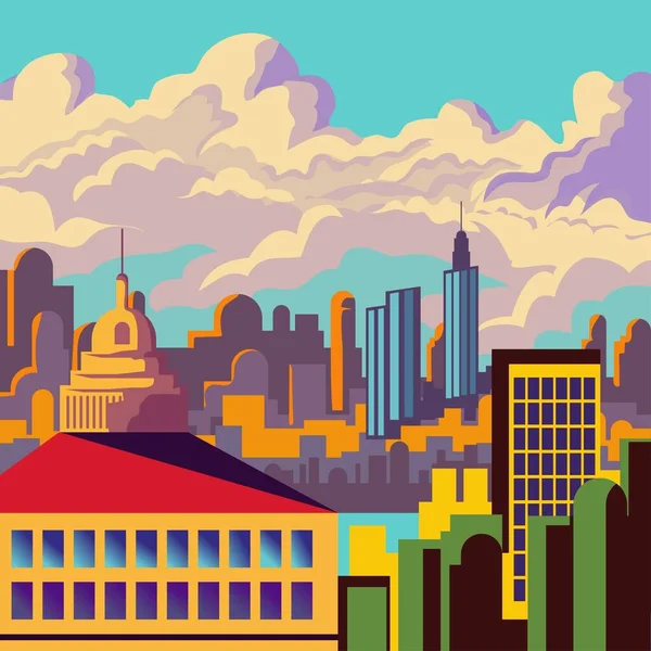 düz tasarım şehir manzarası binalar ve bulutlarla