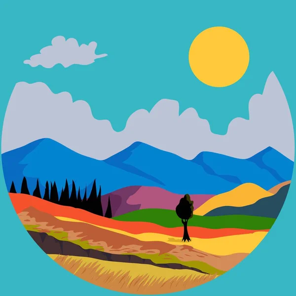 Güneş manzaralı dağ, vektör çizimi
