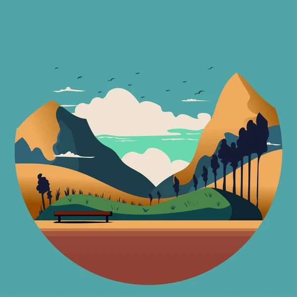 Paysage Montagne Avec Illustration Vectorielle Rivière Lac Arbres — Image vectorielle