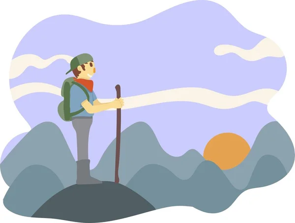 Dağ manzaralı sanat çizimi olan bir adam.