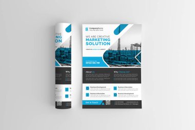 İş broşürünün şablonu A4 boyutunda. Modern Broşür şablon kapağı tasarımı, yıllık rapor, beyaz arka planda iş tanıtımı için mavi dalgalı çizgileri olan poster