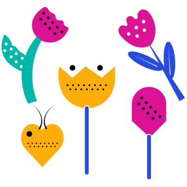 Rengarenk, soyut, soyut, kusursuz bir desen. Parlak yaz çiçekleri, gökkuşağı, kalp. İskandinav tarzında düz çizgi film arkaplanı, parlak çocuksu renklerde basit rastgele şekiller