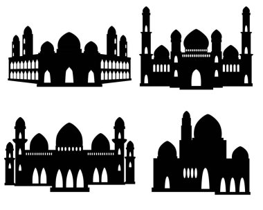 Bir dizi caminin silueti. Ramazan vektör illüstrasyonunun cami simgeleri.  