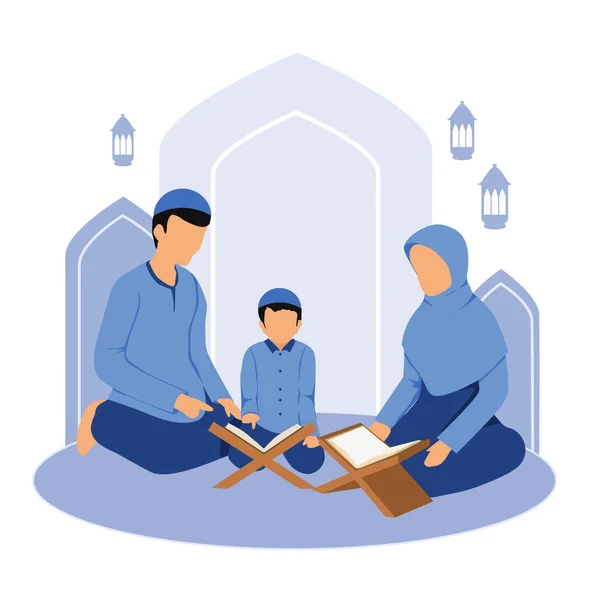 Мусульманские Семьи Молятся Векторную Иллюстрацию Мечети — стоковый вектор